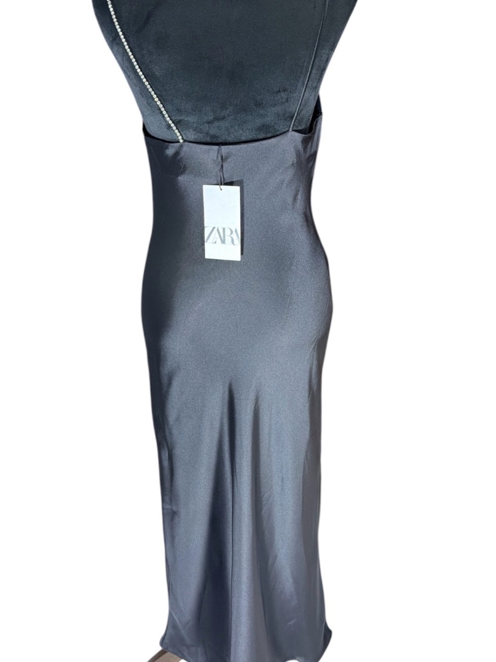 Zara Black Satin Cowl Slip Dress with Chain Strap - Picture 5 of 7